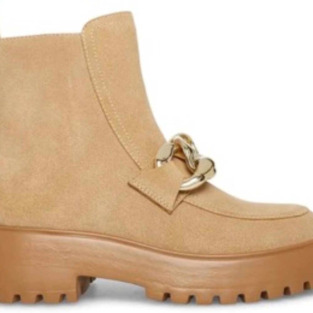 Steve Madden Cleo Taupe Suede Chunky Lug Sole Curb Chain Ankle Boots Size 6 - Picture 2 of 5